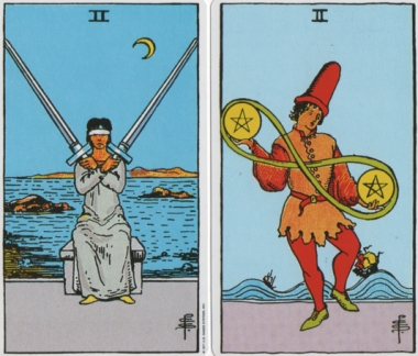 2_swords_2_pentacles-rws